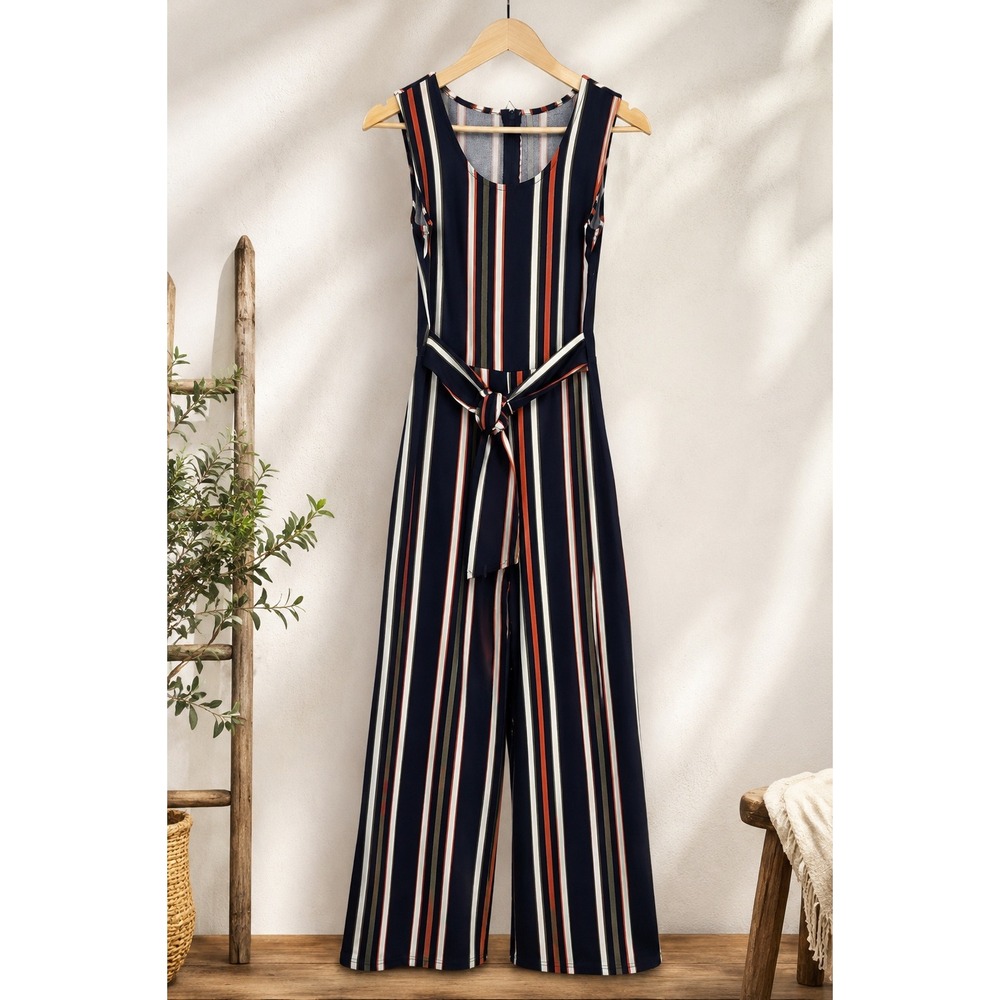 Navy Striped Wide Leg Tie Waist Sleeveless Jumpsuit Coastal Romper Small